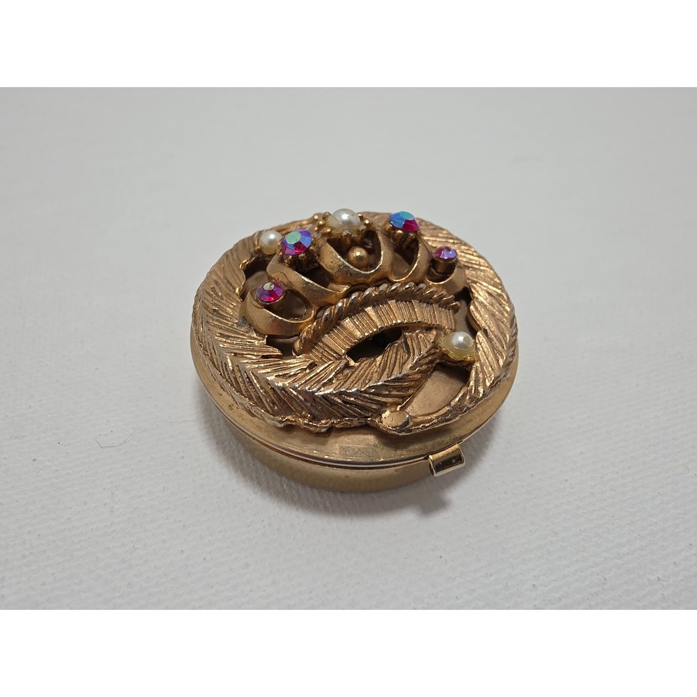 Vintage Gold Tone Crown Pill Box Faux Pearl Rhinestone Trinket Case